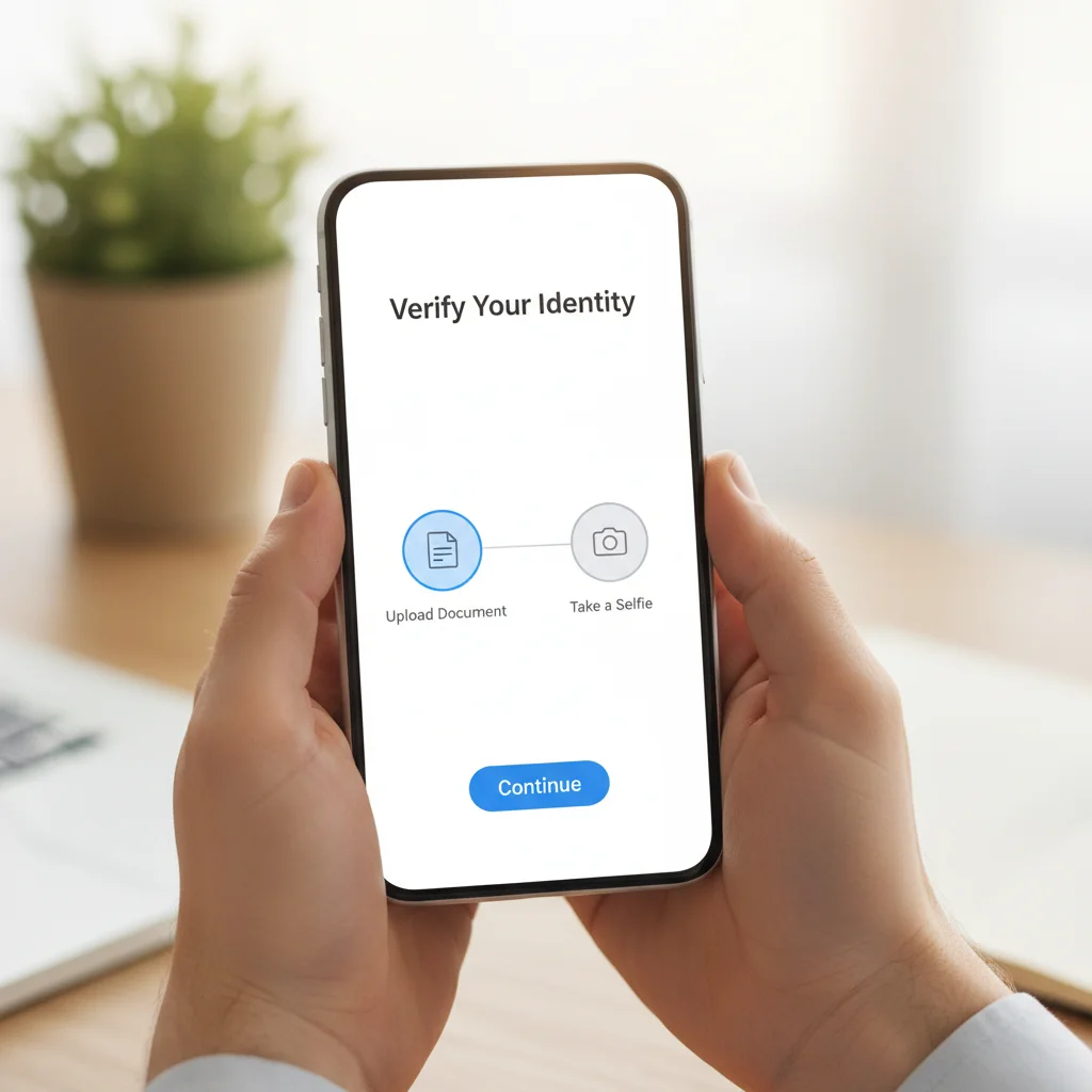 Pessoa segurando um celular que mostra as etapas de um processo de verificação KYC em um aplicativo de criptomoedas.