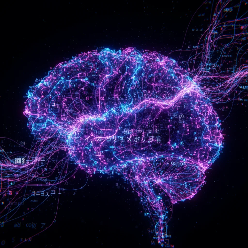 Visualização abstrata de uma rede neural processando dados de linguagem, mostrando a complexidade do cérebro de um LLM.