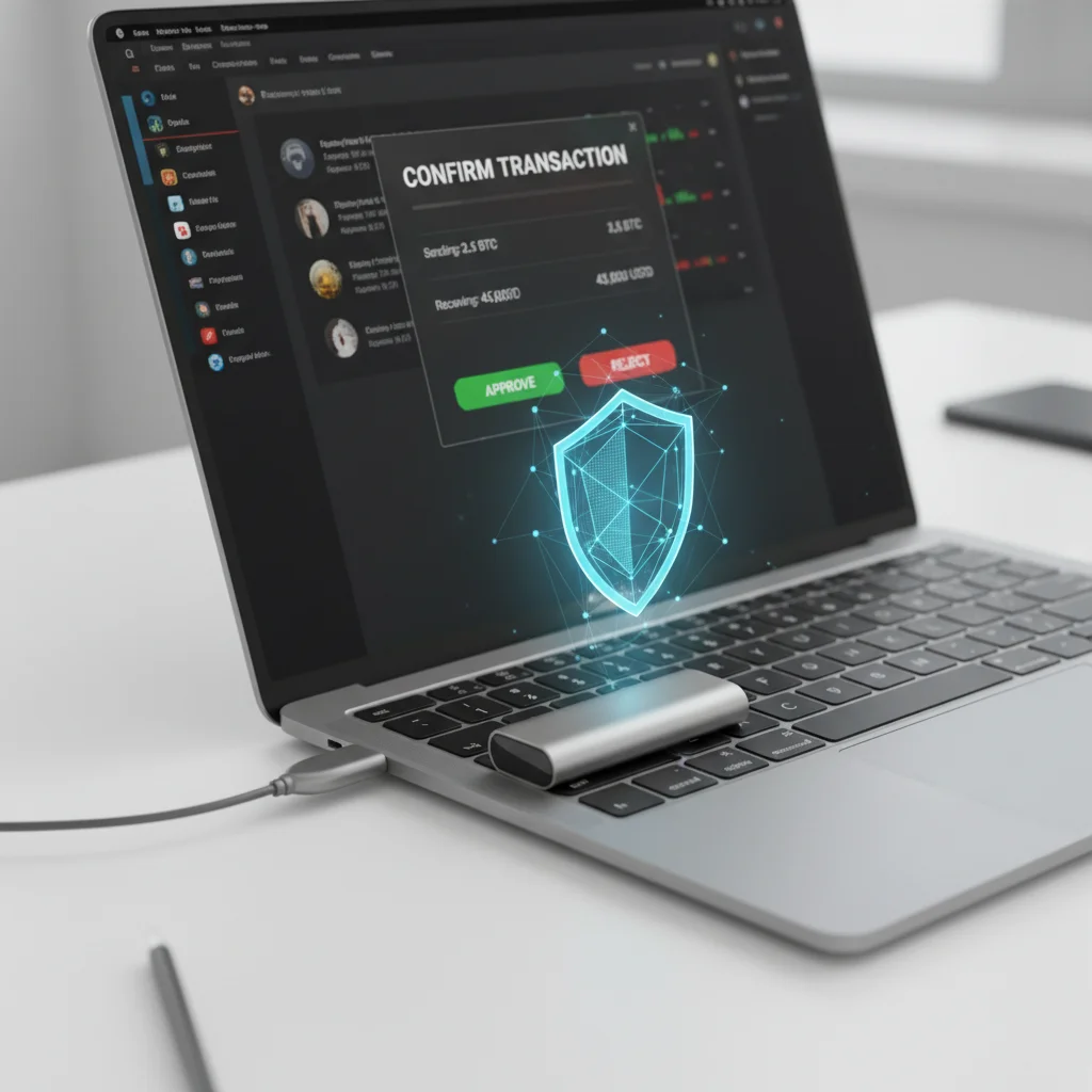 Uma hardware wallet Ledger Nano conectada a um notebook, demonstrando a confirmação segura de uma transação de criptomoeda.