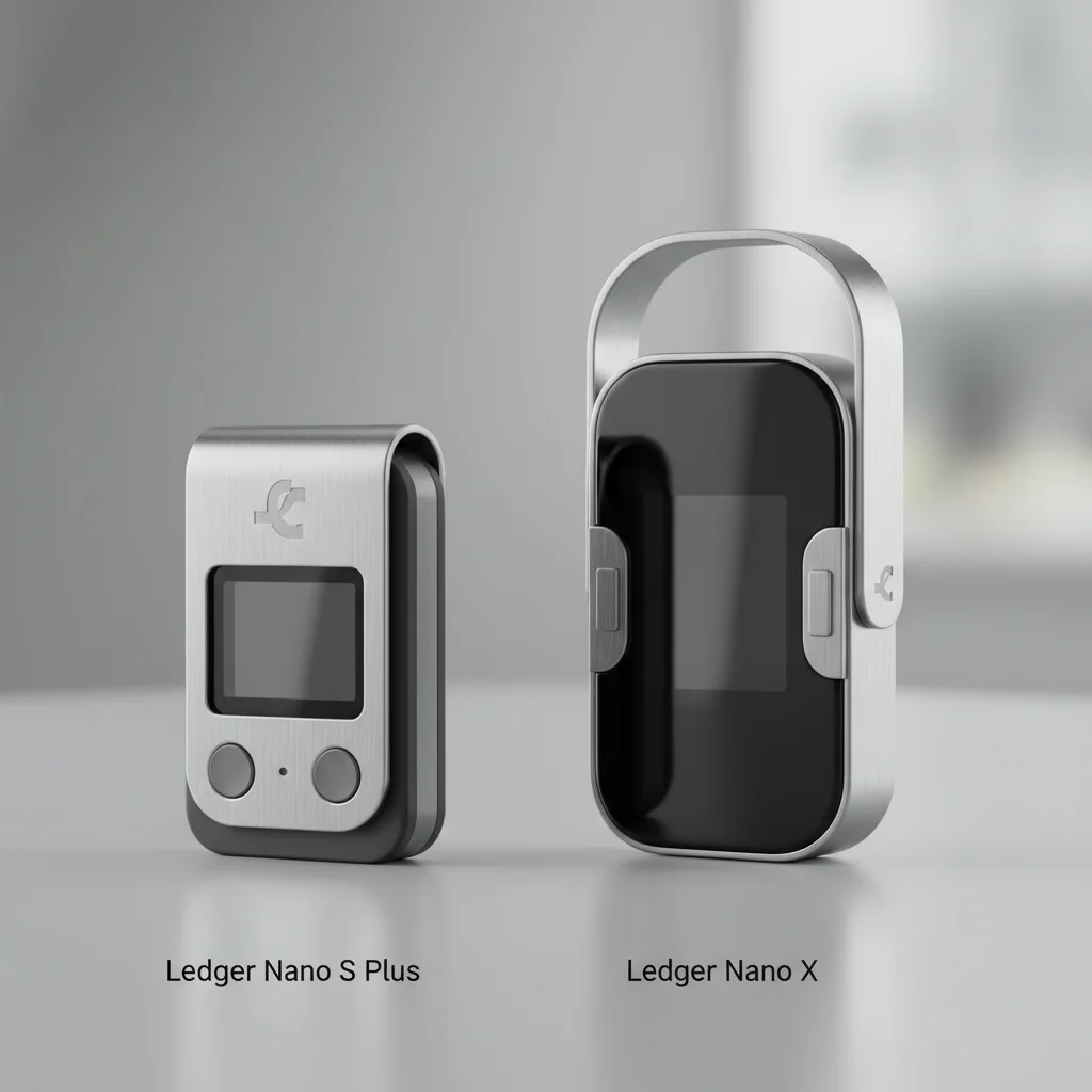 Comparativo visual entre os modelos Ledger Nano S Plus e Ledger Nano X, destacando suas diferenças de design.