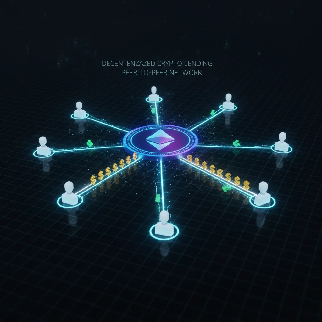 Ilustração conceitual de Lending de criptomoedas, mostrando uma moeda digital central conectada a vários usuários, simbolizando o empréstimo e o recebimento de juros.