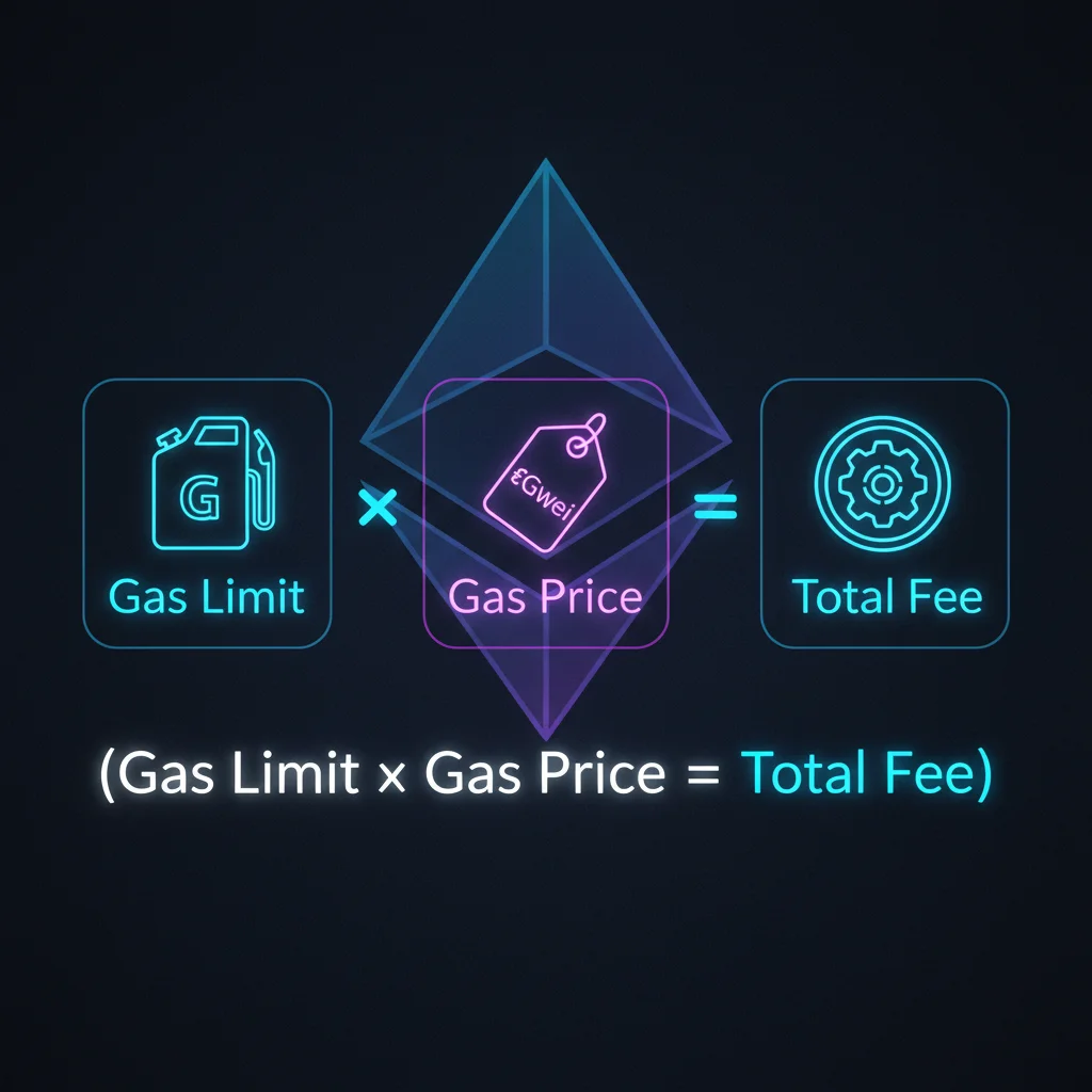 Infográfico explicando a fórmula da taxa de transação na Ethereum: Limite de Gás multiplicado pelo Preço do Gás.