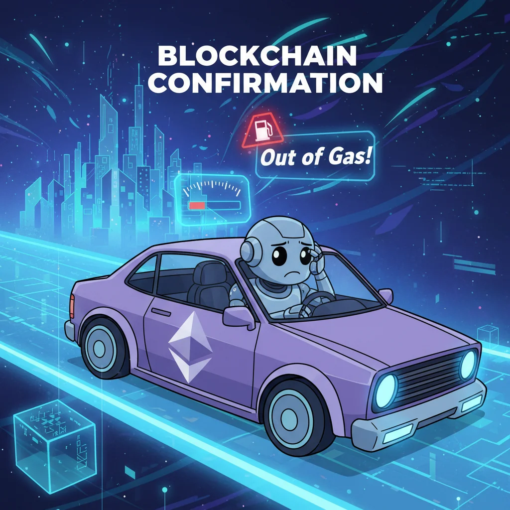 Ilustração de um carro parado sem combustível em uma estrada digital, simbolizando uma transação de criptomoeda que falhou por falta de gás (taxa).