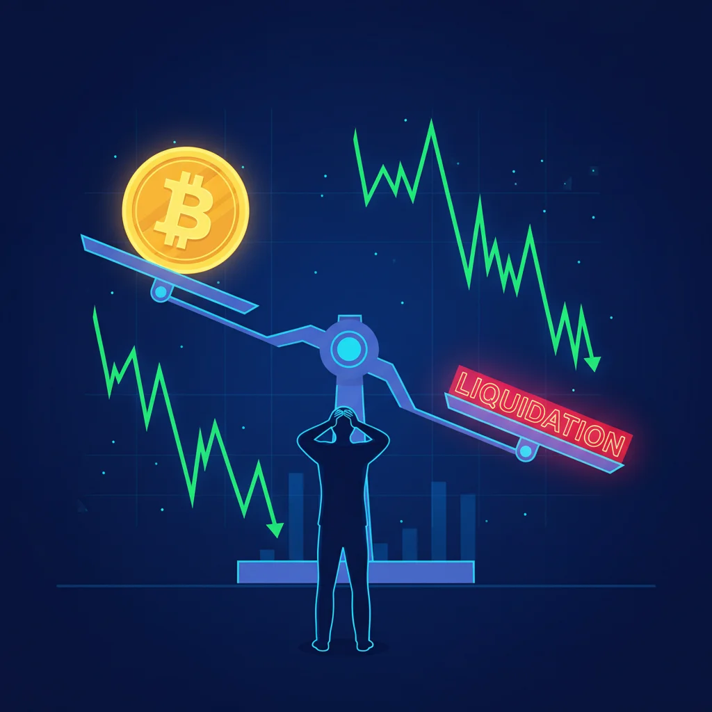 Ilustração do conceito de liquidação em criptomoedas, mostrando uma balança de preço pendendo para a zona de risco.