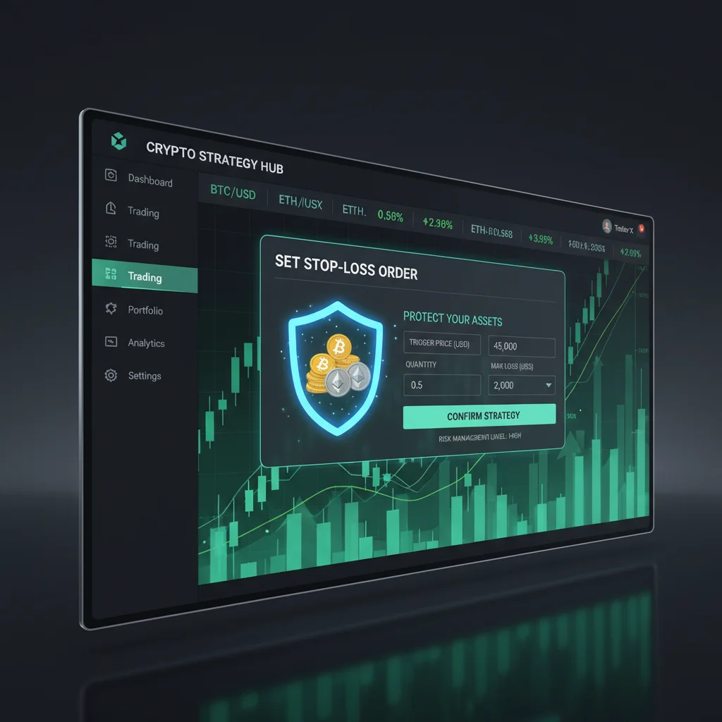 Tela de gerenciamento de risco com ordem de stop-loss sendo configurada para proteger investimentos em criptomoedas.