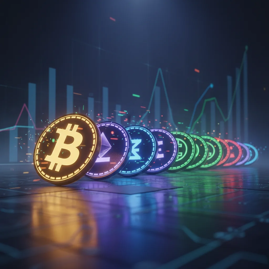 Ilustração de dominós com símbolos de criptomoedas caindo em sequência, representando o efeito de liquidações em cascata.