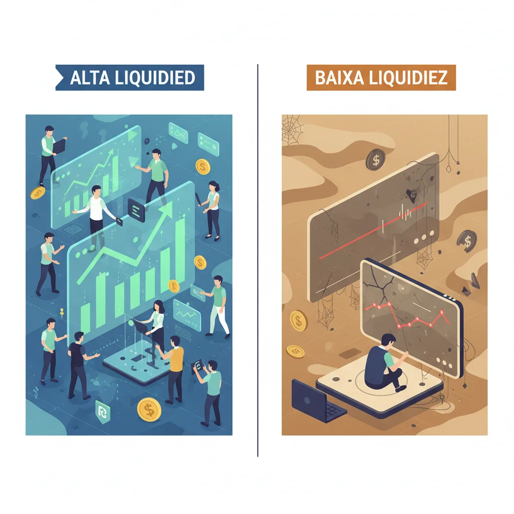 Comparativo gráfico entre um mercado com alta liquidez, cheio de negociações, e um mercado com baixa liquidez, quase vazio.