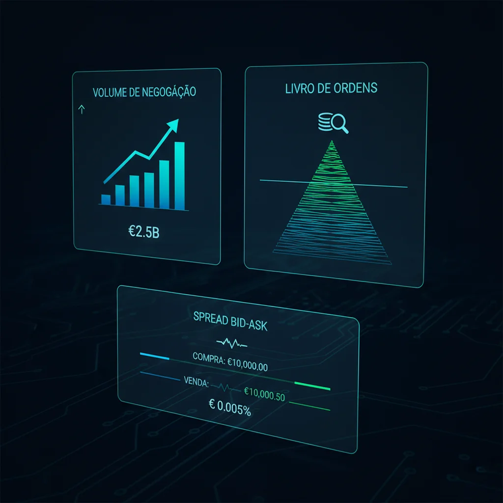 Infográfico mostrando os principais indicadores para avaliar a liquidez de uma criptomoeda: volume de negociação, livro de ordens e spread.