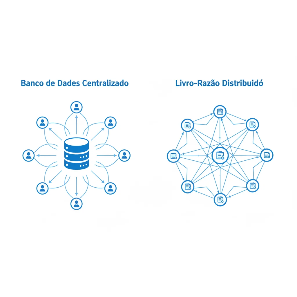 Infográfico comparando um banco de dados centralizado com um livro-razão distribuído (DLT).