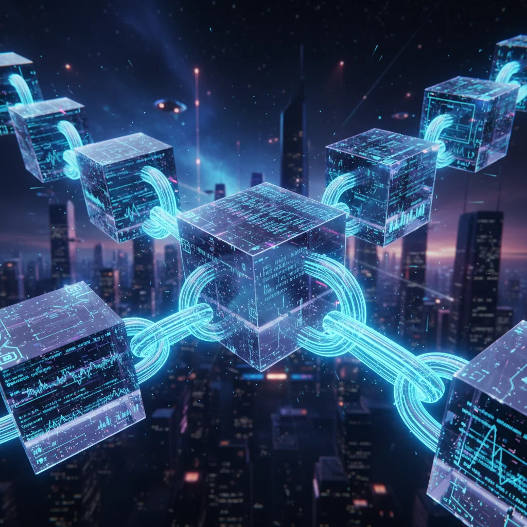 Ilustração de uma blockchain com blocos de dados conectados por uma corrente digital brilhante, representando um livro-razão inviolável.