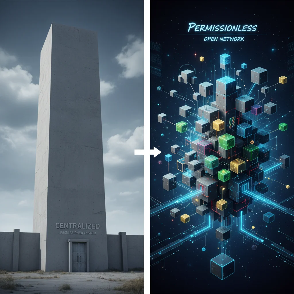 Comparativo entre um sistema centralizado e um sistema aberto e sem permissão como a blockchain.