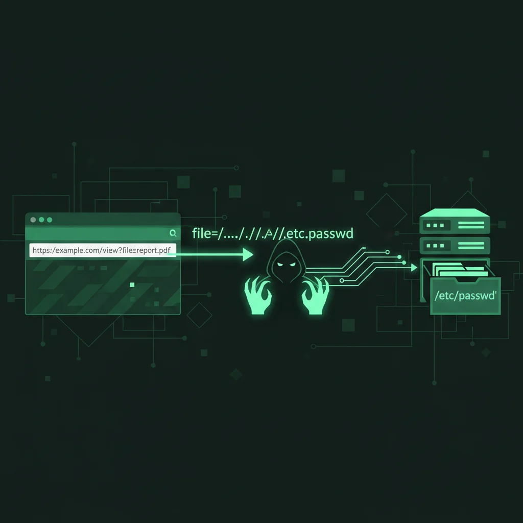 Diagrama ilustrando um ataque de Local File Inclusion (LFI) onde um atacante manipula uma URL para acessar arquivos sensíveis do servidor.