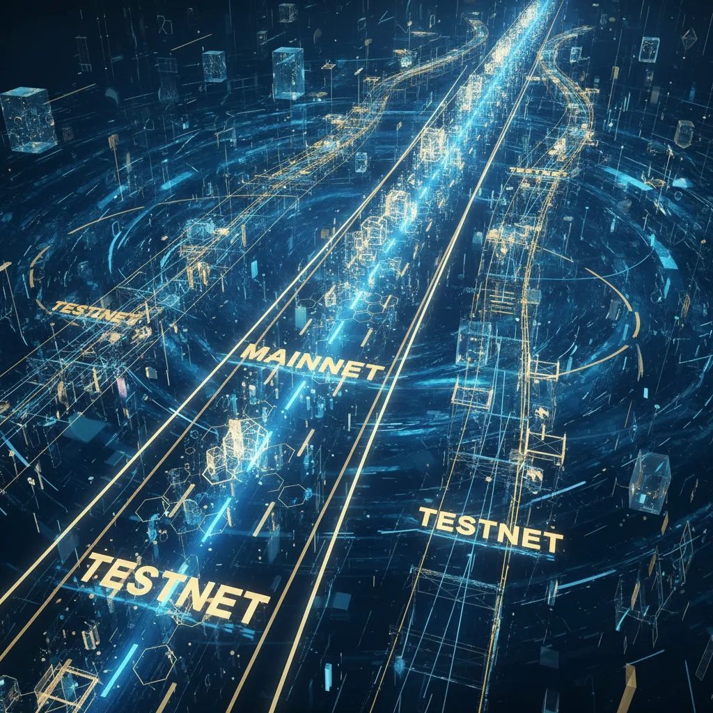 Ilustração da diferença entre Mainnet e Testnet em uma blockchain.