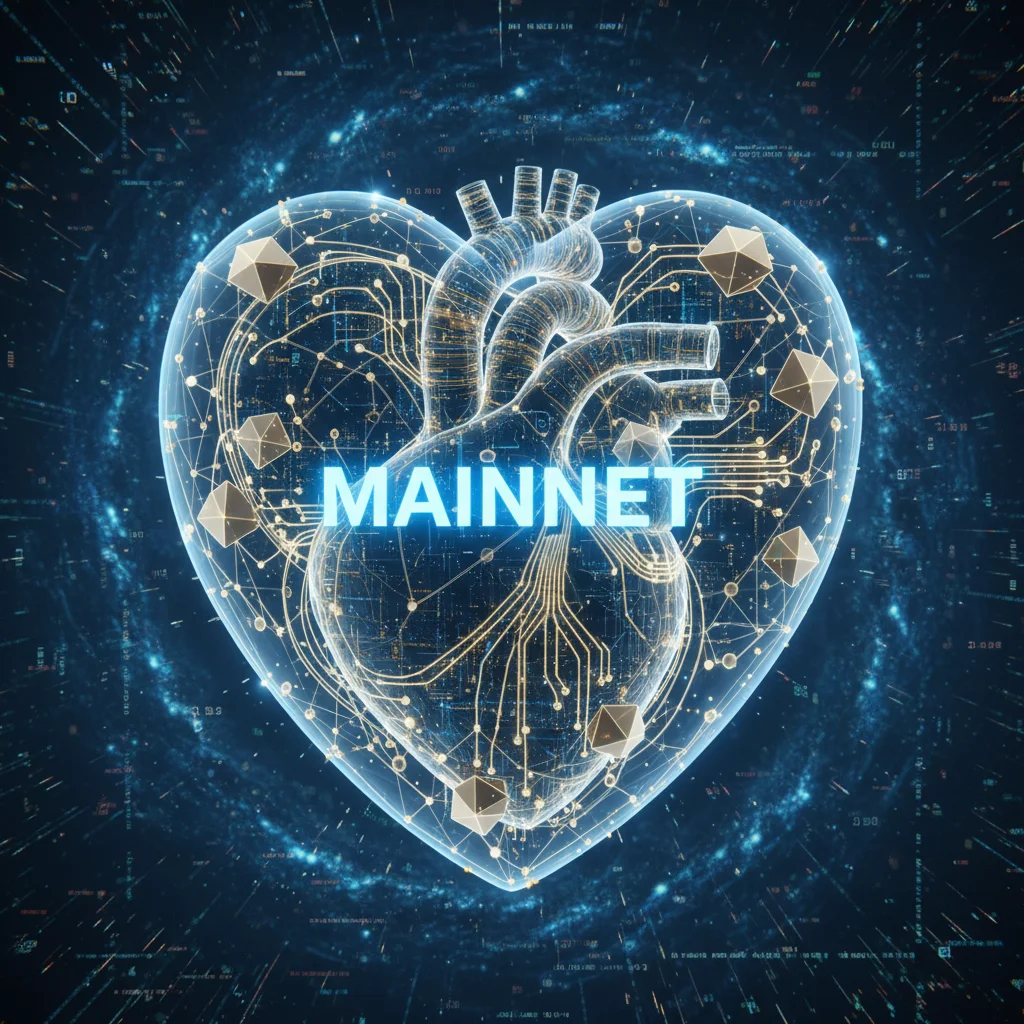 Coração digital representando a importância vital da Mainnet para um projeto de criptomoeda.