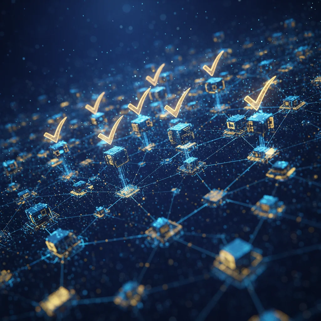Ilustração abstrata de uma rede de nós digitais alcançando um consenso para validar transações.