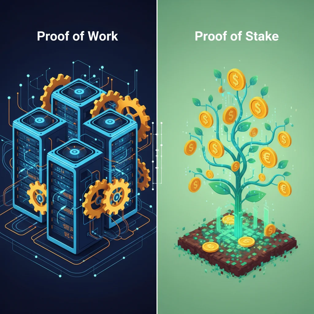 Comparativo visual entre os mecanismos de consenso Proof of Work (PoW) e Proof of Stake (PoS).
