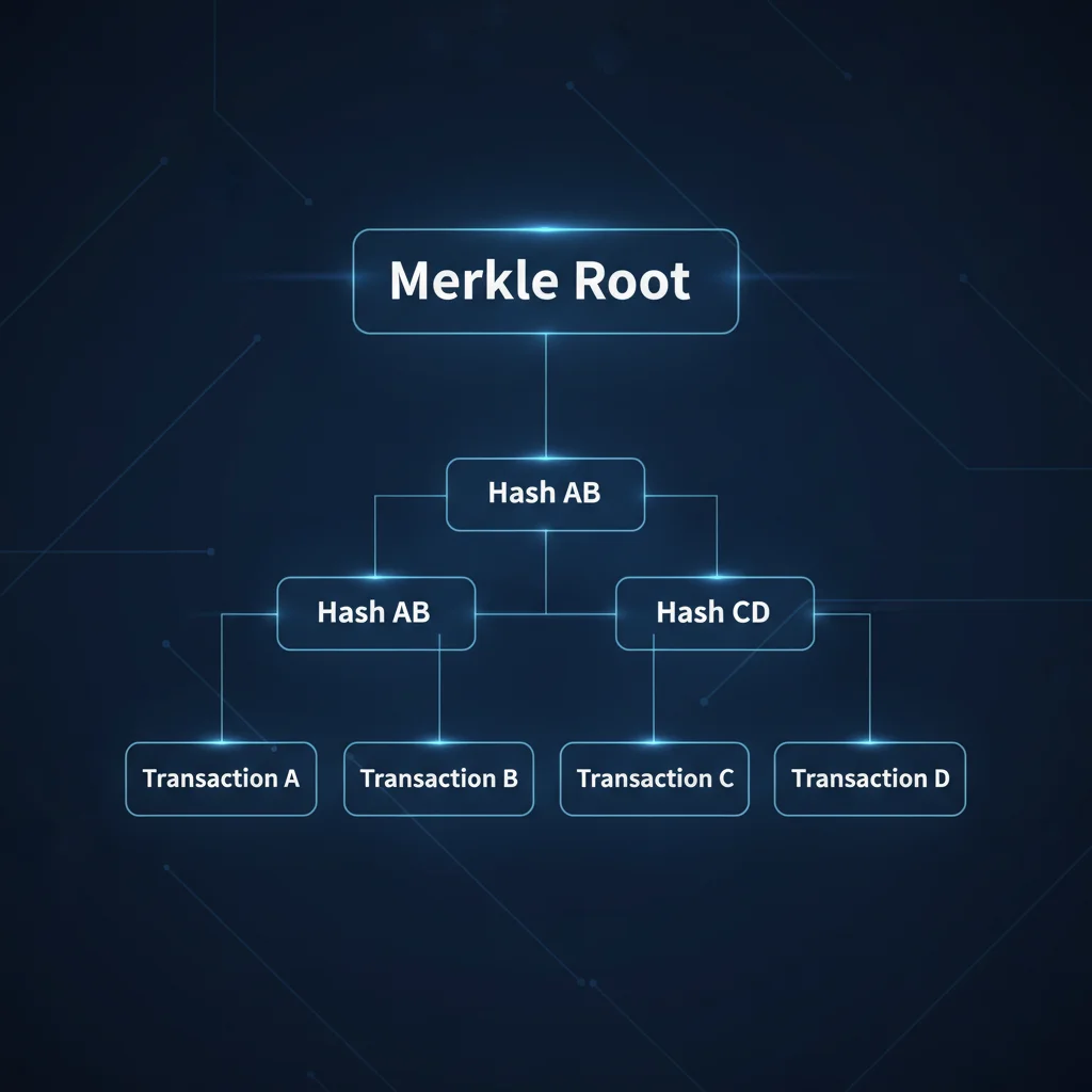 Diagrama explicando a estrutura de uma Árvore de Merkle, mostrando transações na base sendo combinadas em hashes até chegar à Raiz de Merkle no topo.