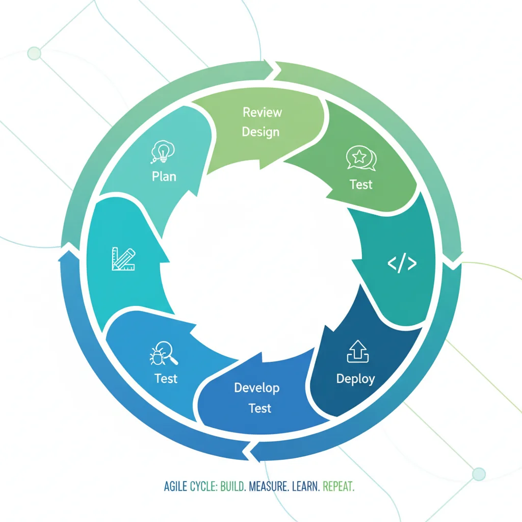 Diagrama ilustrando o ciclo iterativo do Método Ágil, com as fases de planejamento, design, desenvolvimento, teste, implementação e revisão.
