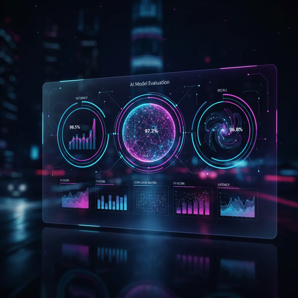 Painel digital futurista exibindo gráficos e porcentagens que representam métricas de avaliação de um modelo de inteligência artificial, como acurácia e precisão.