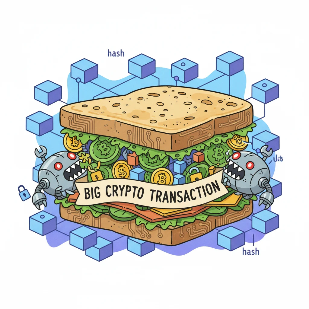 Ilustração de um ataque sanduíche de MEV, mostrando uma transação grande sendo 'mordida' por dois bots predatórios.