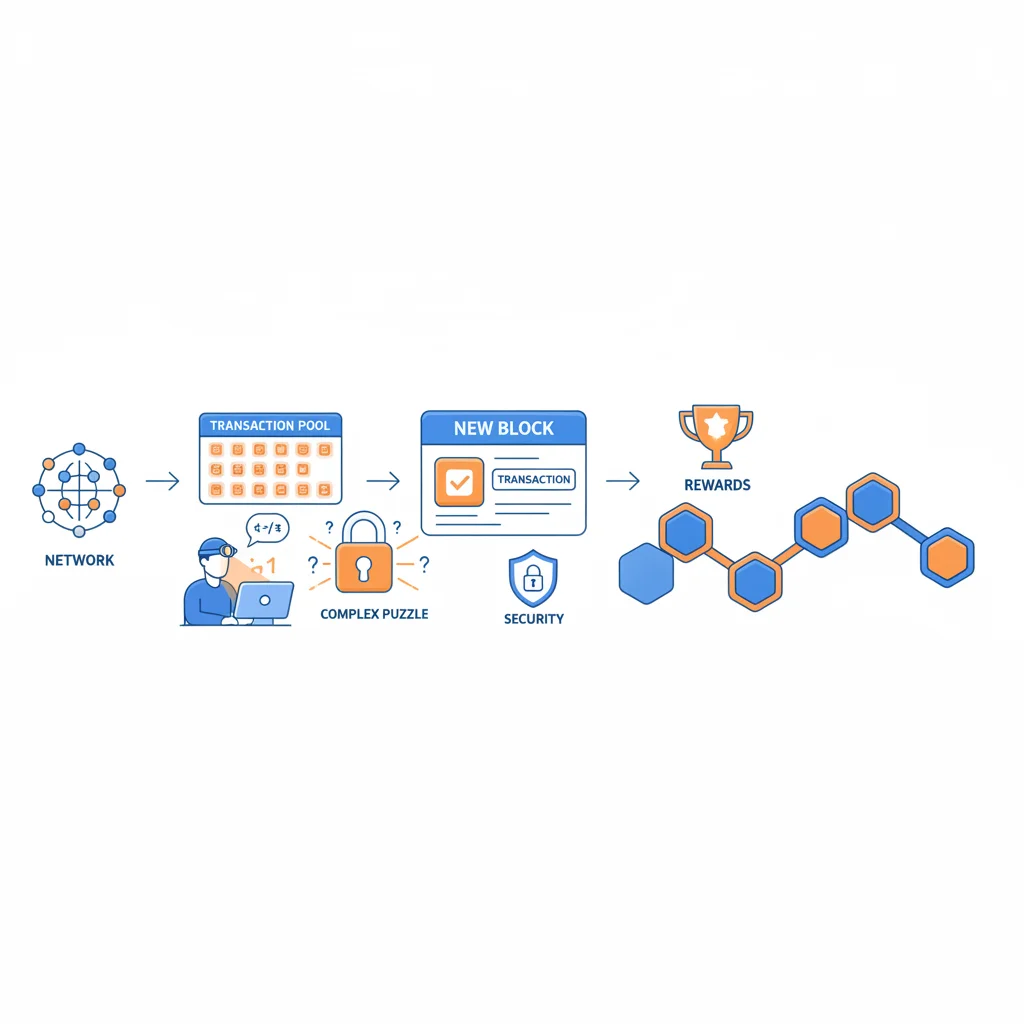 Infográfico explicando o processo de mineração de criptomoedas, mostrando blocos sendo adicionados à blockchain.