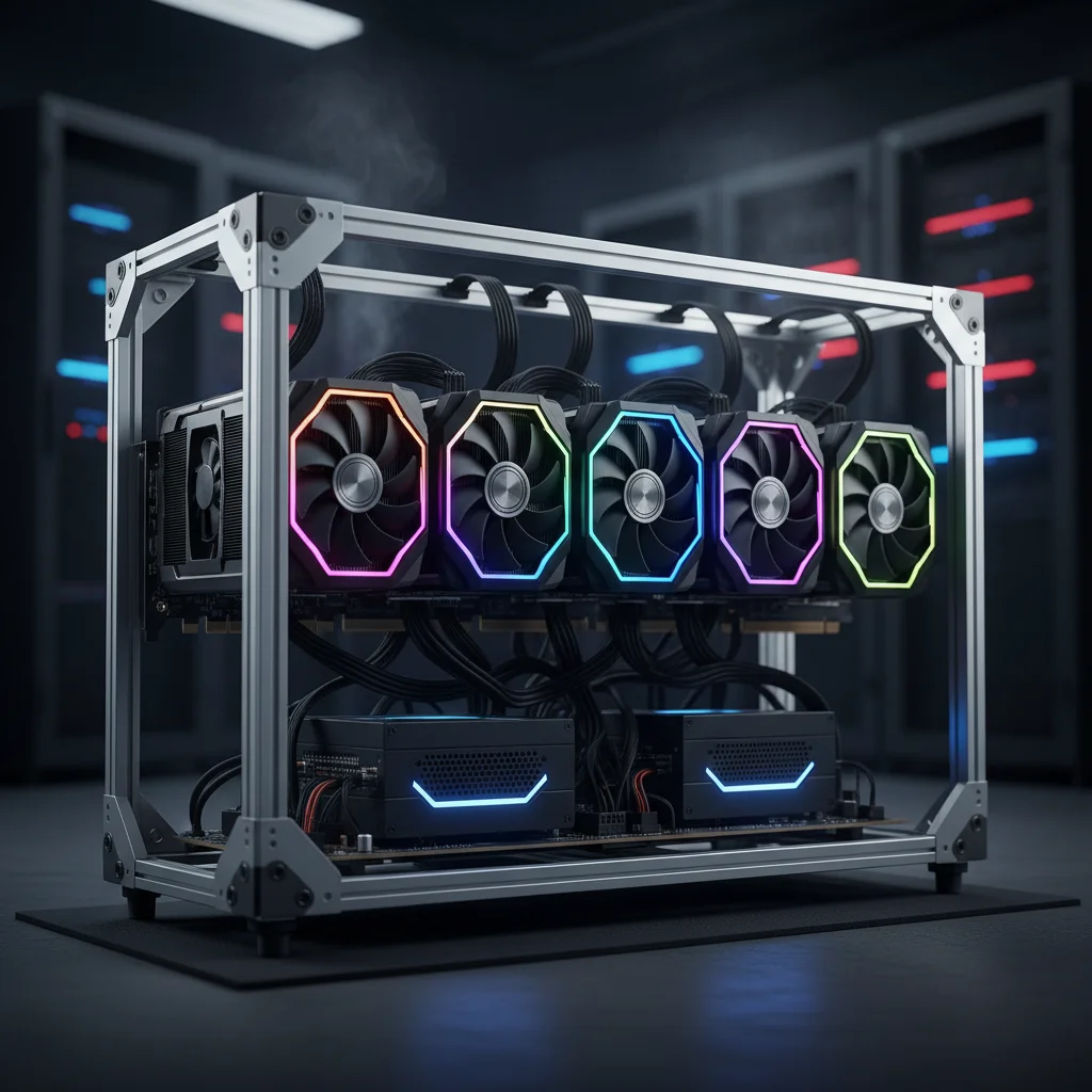 Equipamento de mineração de criptomoedas, conhecido como rig de mineração, com várias placas de vídeo (GPU) iluminadas.