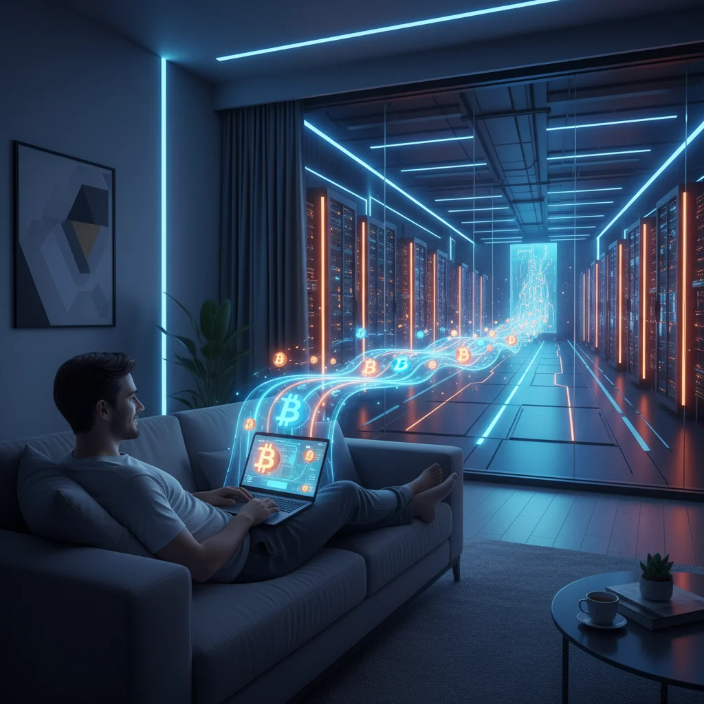 Ilustração de um data center conectado a um notebook, simbolizando o conceito de mineração em nuvem de criptomoedas.
