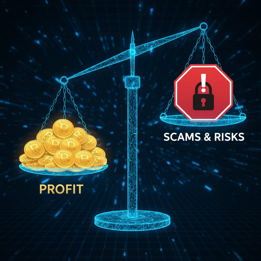 Balança digital pesando moedas de Bitcoin de um lado e um símbolo de alerta de risco do outro, representando as vantagens e desvantagens da mineração em nuvem.