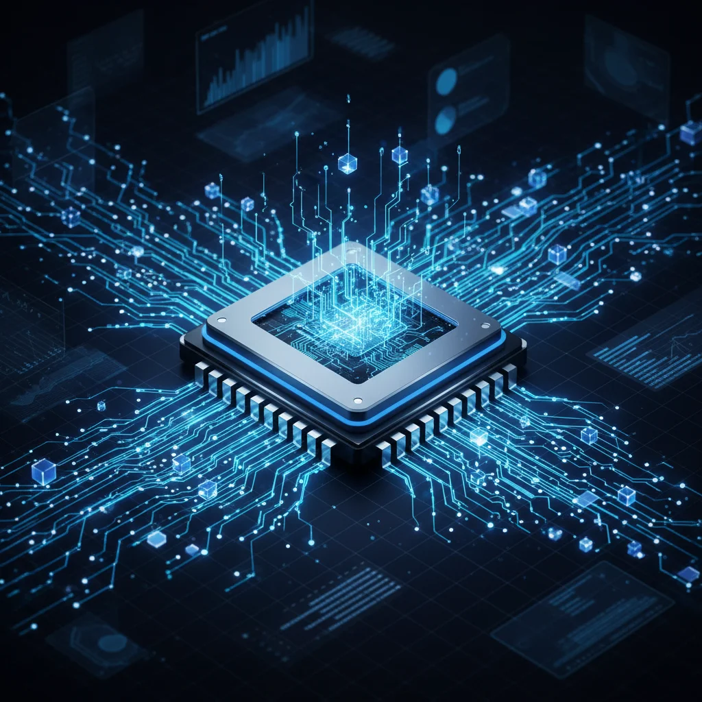 Ilustração de um processador de computador (CPU) conectado a uma rede blockchain, simbolizando o conceito de mineração de criptomoedas.