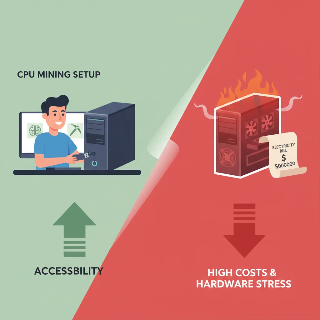Comparativo mostrando a facilidade da mineração com CPU de um lado e o contraponto do superaquecimento e alto custo de energia do outro.