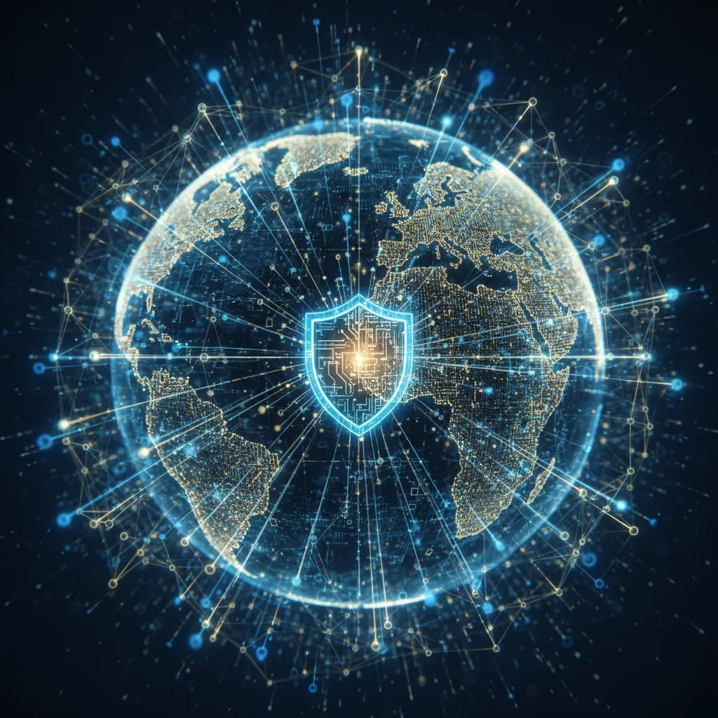Representação de uma rede blockchain descentralizada e segura, com nós espalhados pelo mundo.