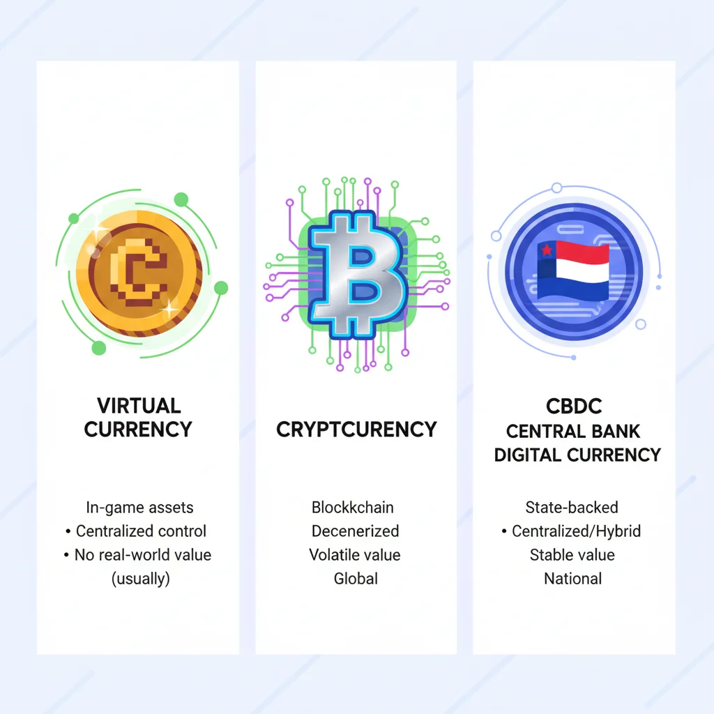 Infográfico mostrando as diferenças entre Moeda Virtual, Criptomoeda e Moeda Digital de Banco Central (CBDC).