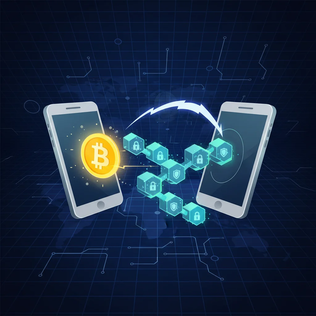 Ilustração de uma transação segura de moeda digital entre dois smartphones, conectada por uma blockchain.