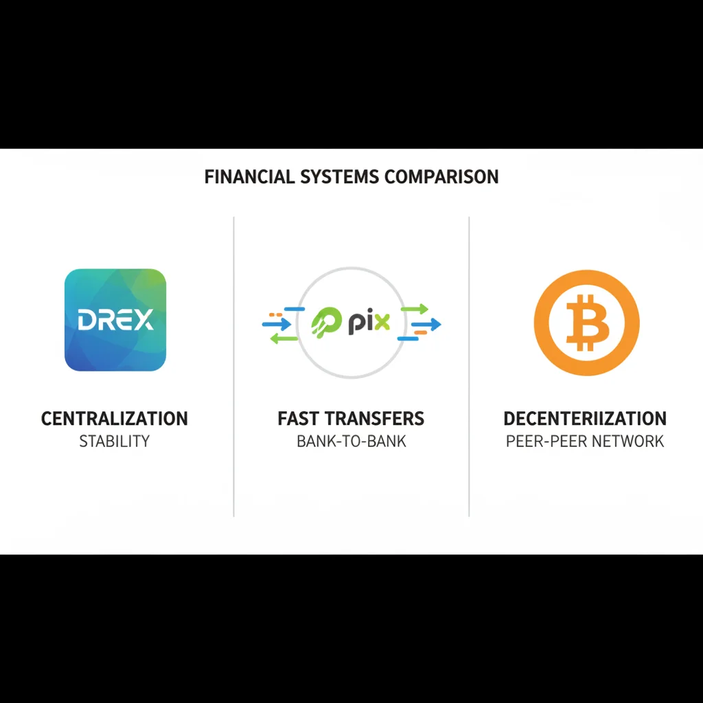 Infográfico comparando as diferenças entre DREX (centralizado), PIX (sistema de pagamento) e Criptomoedas (descentralizado).
