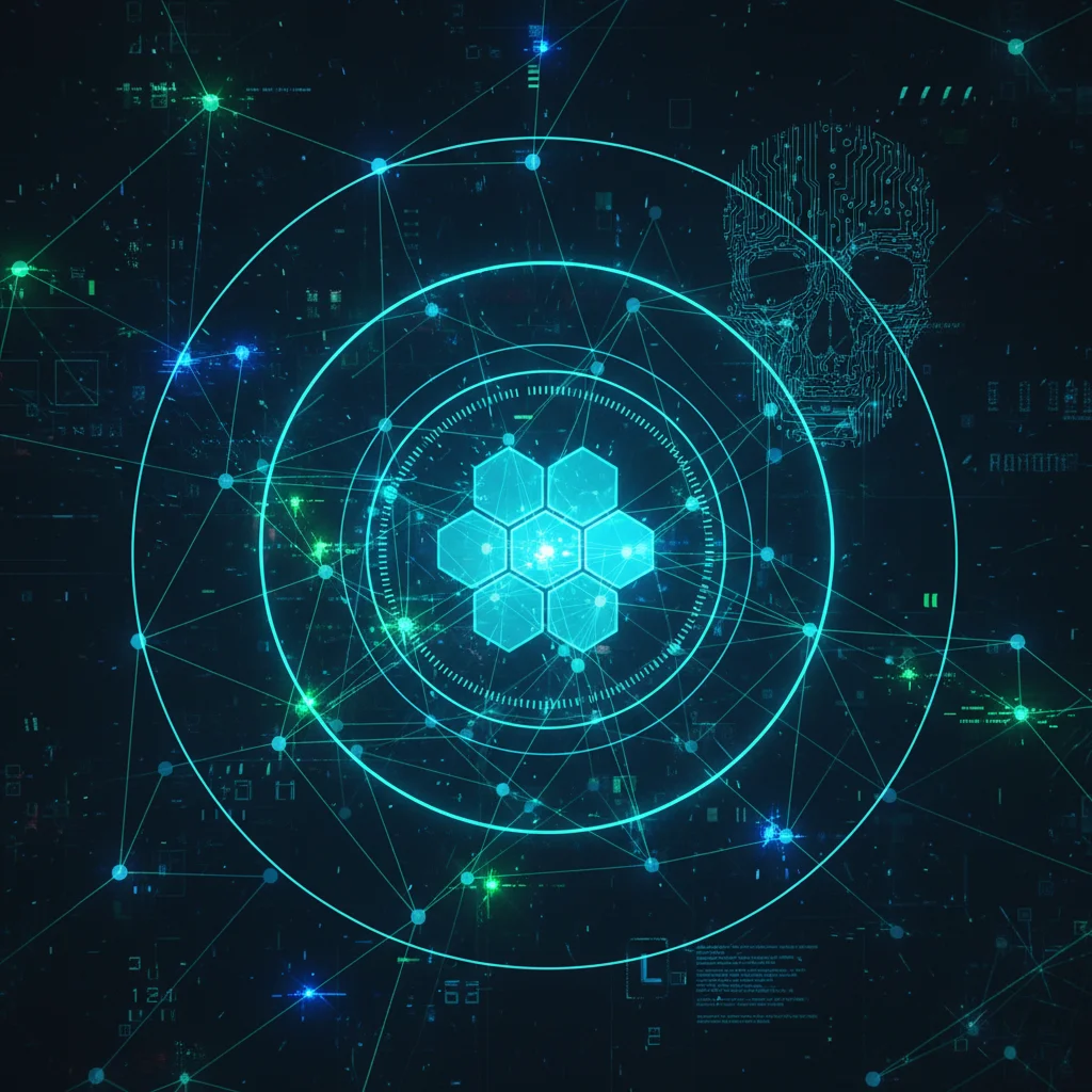 Visualização abstrata de uma varredura de rede digital, mostrando pacotes de dados e nós de rede sendo analisados.