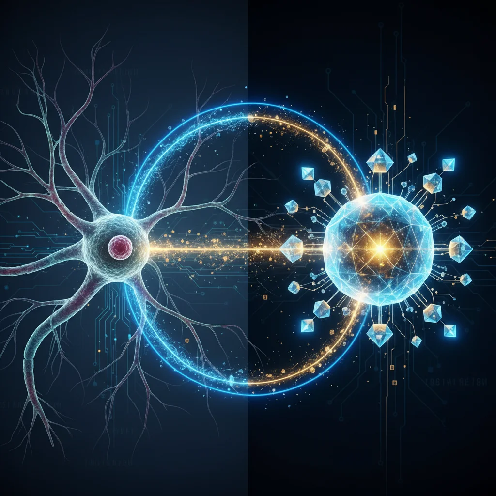 Comparação entre um neurônio biológico e um neurônio artificial, ilustrando a base da neurociência computacional.