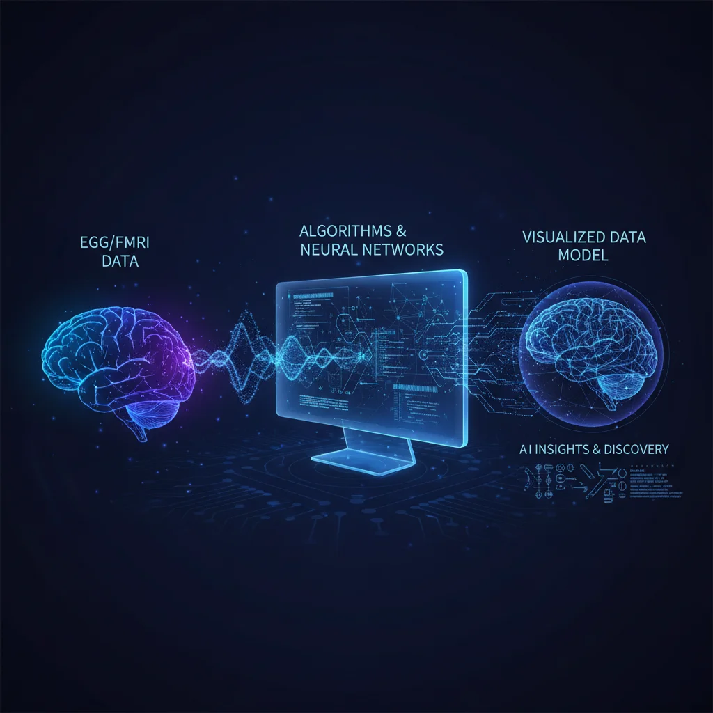Fluxograma mostrando como dados cerebrais são processados por modelos computacionais para gerar insights em inteligência artificial.