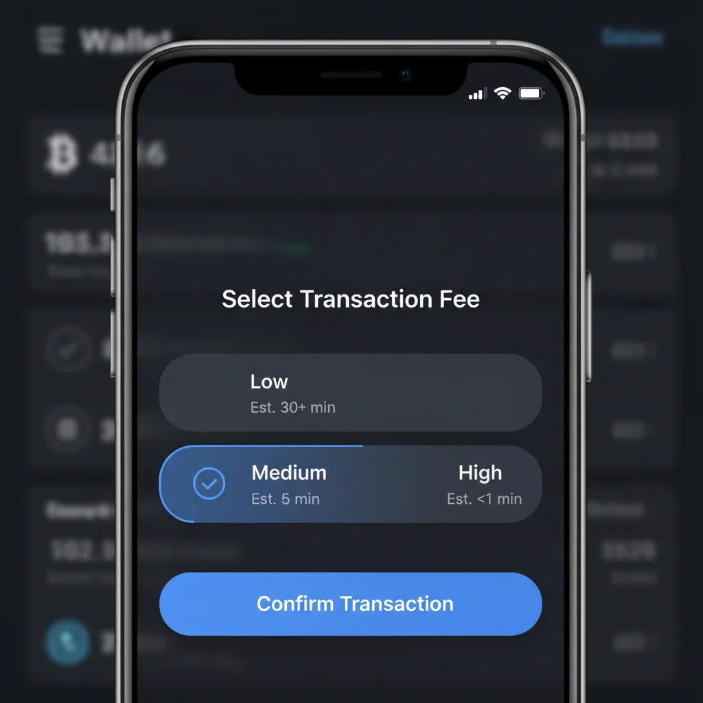 Tela de uma carteira de criptomoeda mostrando as opções de níveis de taxa: baixo, médio e alto.