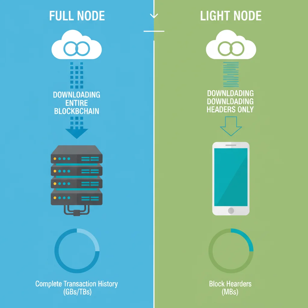 Comparativo visual entre um Nó Completo (Full Node) e um Nó Leve (Light Node).