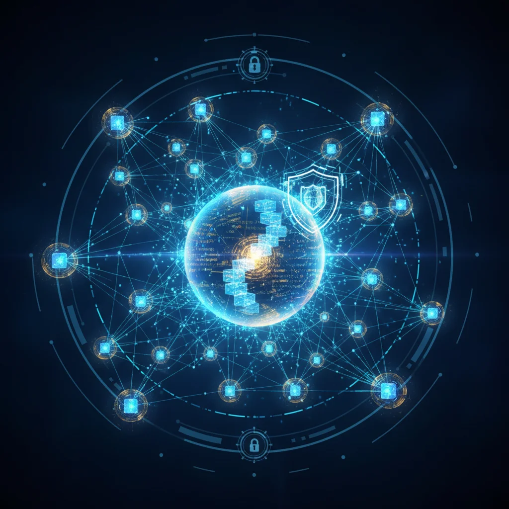 Ilustração de um nó completo armazenando toda a blockchain e conectado a outros nós na rede.
