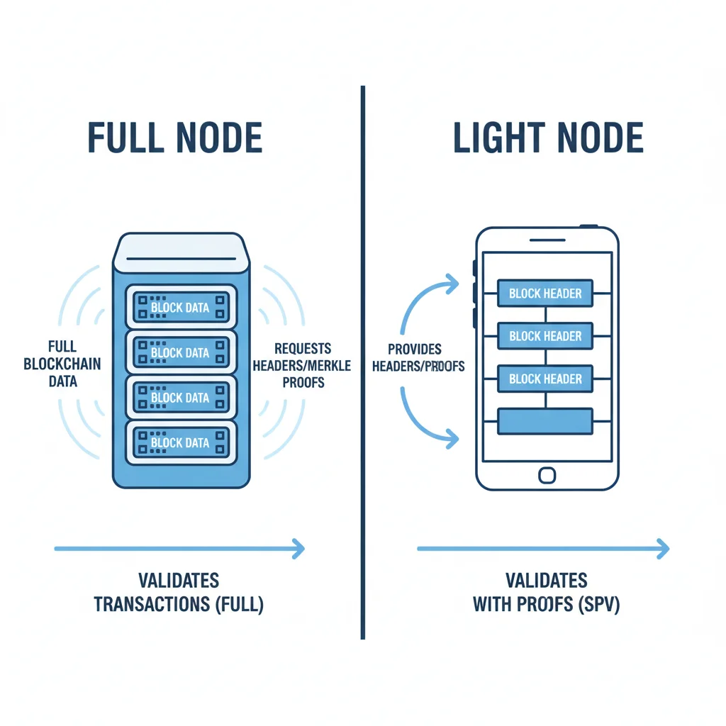 Diagrama comparando um Nó Completo (Full Node) e um Nó Leve (Light Node).