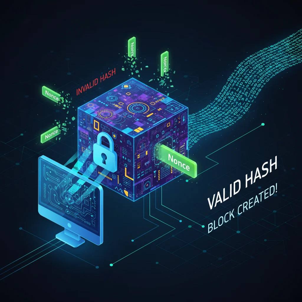Ilustração do processo de mineração de blockchain mostrando um computador testando diferentes valores de Nonce para resolver um quebra-cabeça criptográfico.