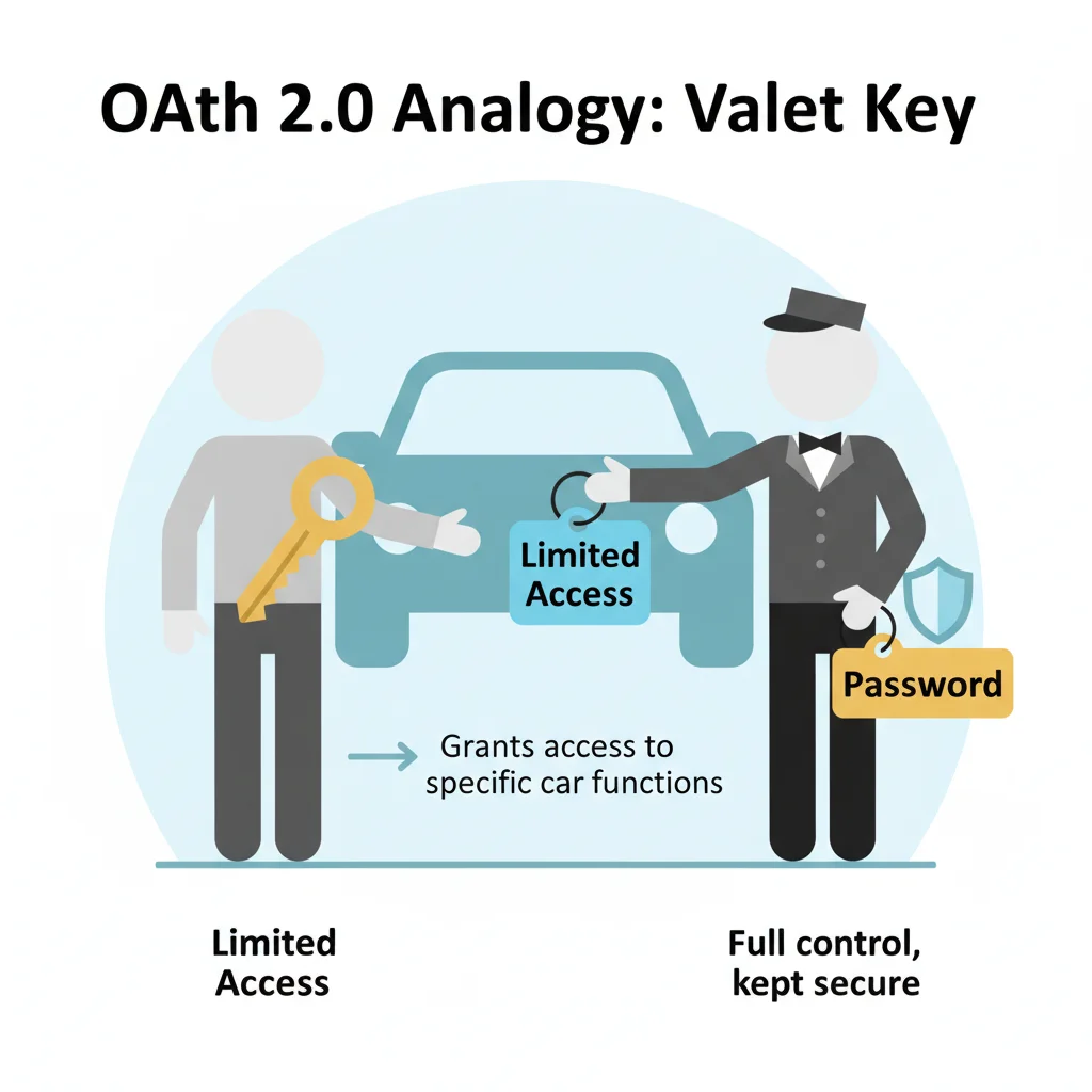 Analogia do OAuth 2.0, mostrando um usuário entregando uma chave de manobrista com acesso limitado a um aplicativo, enquanto mantém sua senha principal segura.