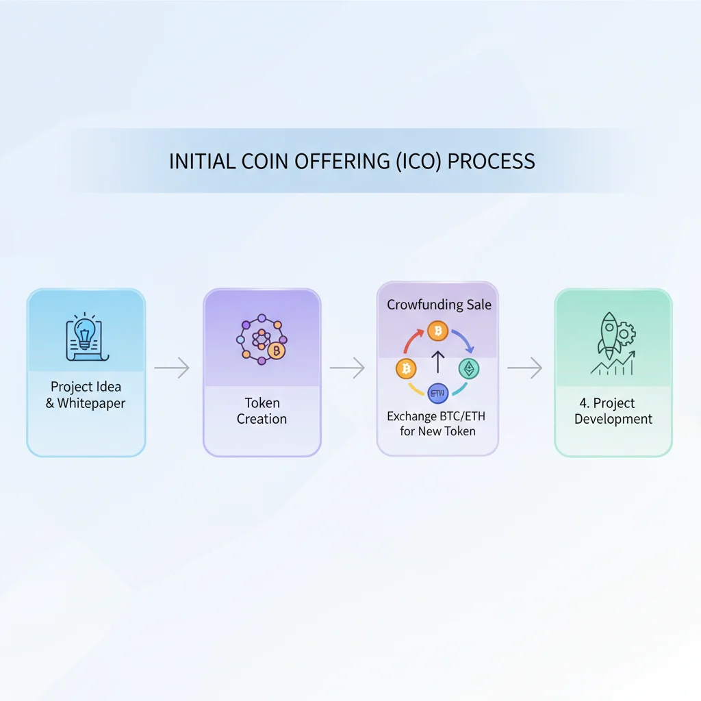 Infográfico explicando as etapas de uma Oferta Inicial de Moeda (ICO), desde a ideia até o desenvolvimento.