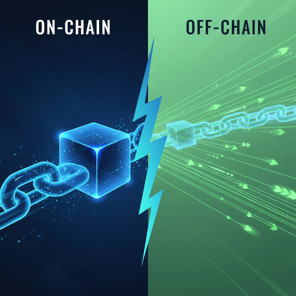 Comparativo visual entre transações On-Chain, representadas por uma corrente de blocos robusta, e Off-Chain, por um canal rápido e paralelo.