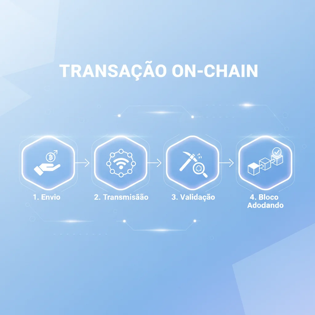 Infográfico mostrando o passo a passo de uma transação on-chain, desde o envio até a confirmação no blockchain.