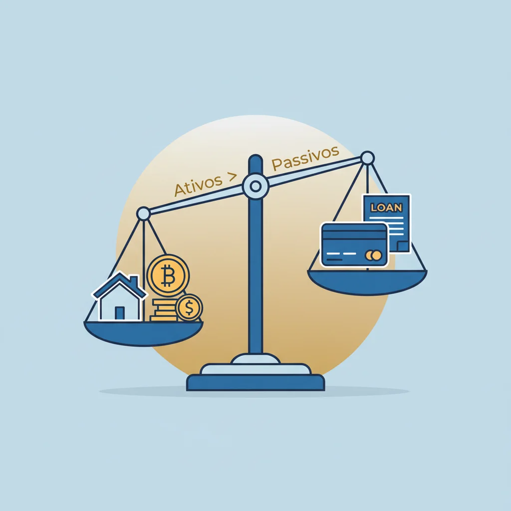 Infográfico de uma balança mostrando a diferença entre ativos (casa, Bitcoin) e passivos (dívidas) para calcular o patrimônio líquido.