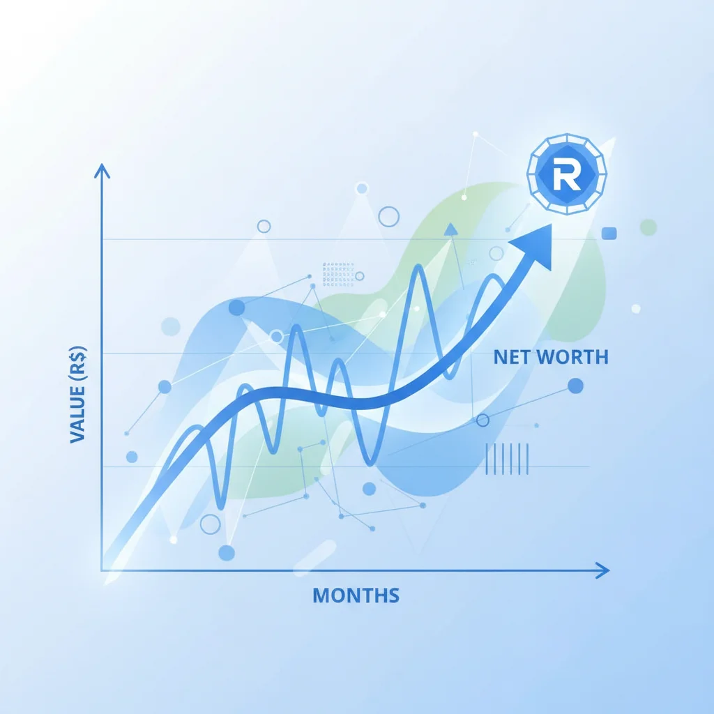 Gráfico de linha ascendente mostrando o crescimento do patrimônio líquido ao longo do tempo, com destaque para o impacto dos investimentos.