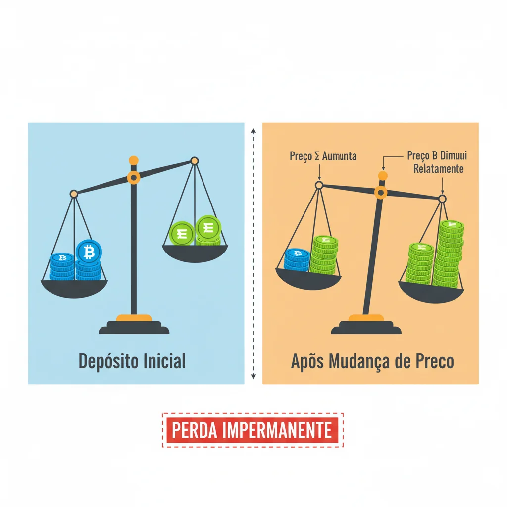 Infográfico explicando o conceito de perda impermanente com uma balança de criptomoedas.