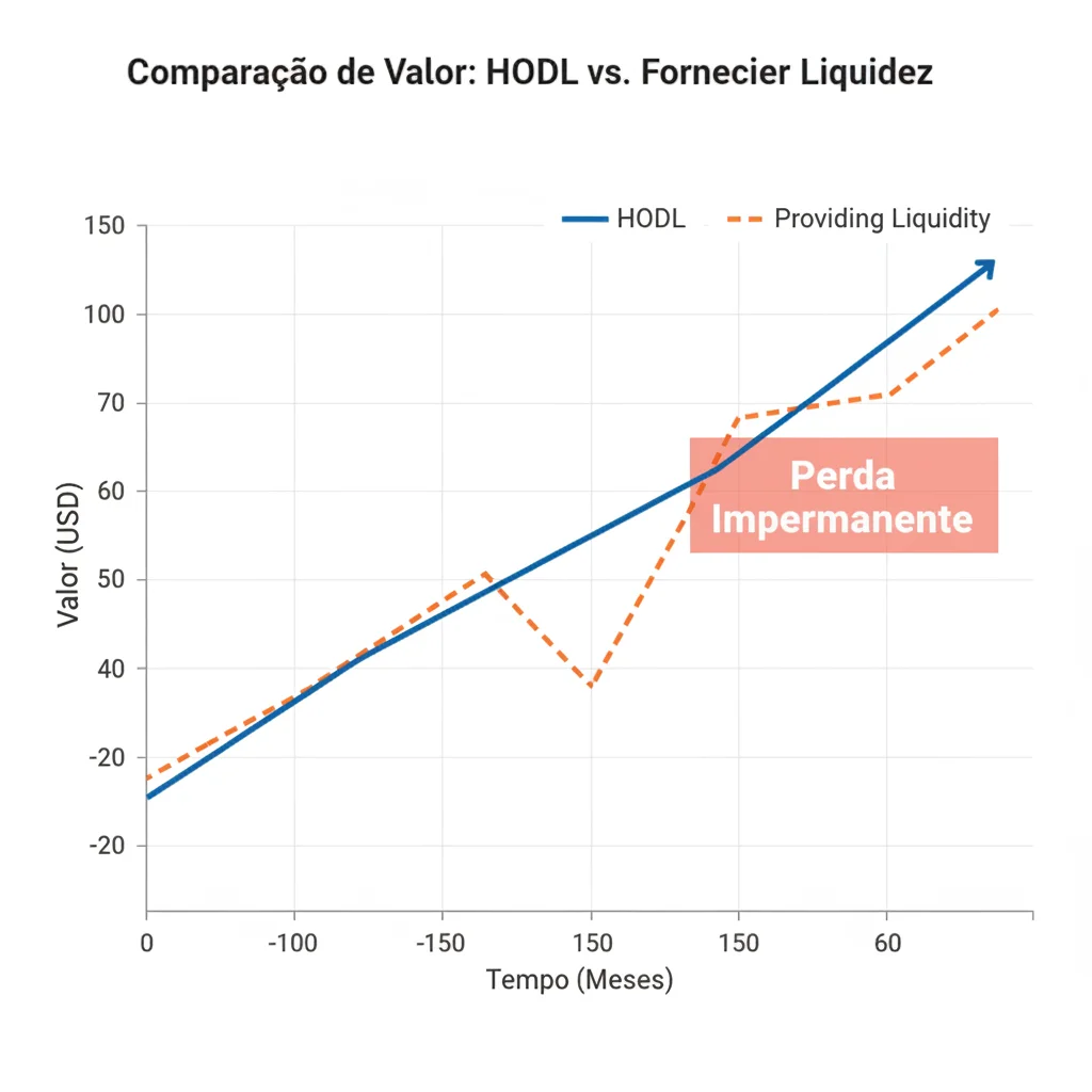 Gráfico comparando o retorno de HODL versus prover liquidez, mostrando o impacto da perda impermanente.
